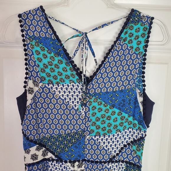 Skies Are Blue Sleeveless Romper Blue Teal White Patchwork Pom Pom Size Small - Picture 4 of 11